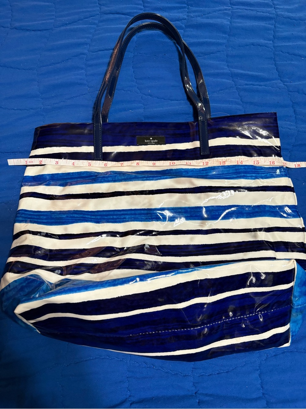 kate spade Navy and White Striped Patent Tote with Royal Blue Accents